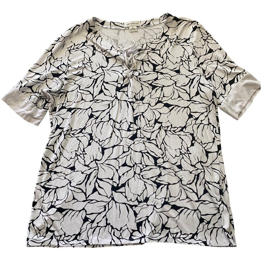 Liz Claiborne XL Top Black & White Floral Lace Up V-Neck Cotton Stretch‎